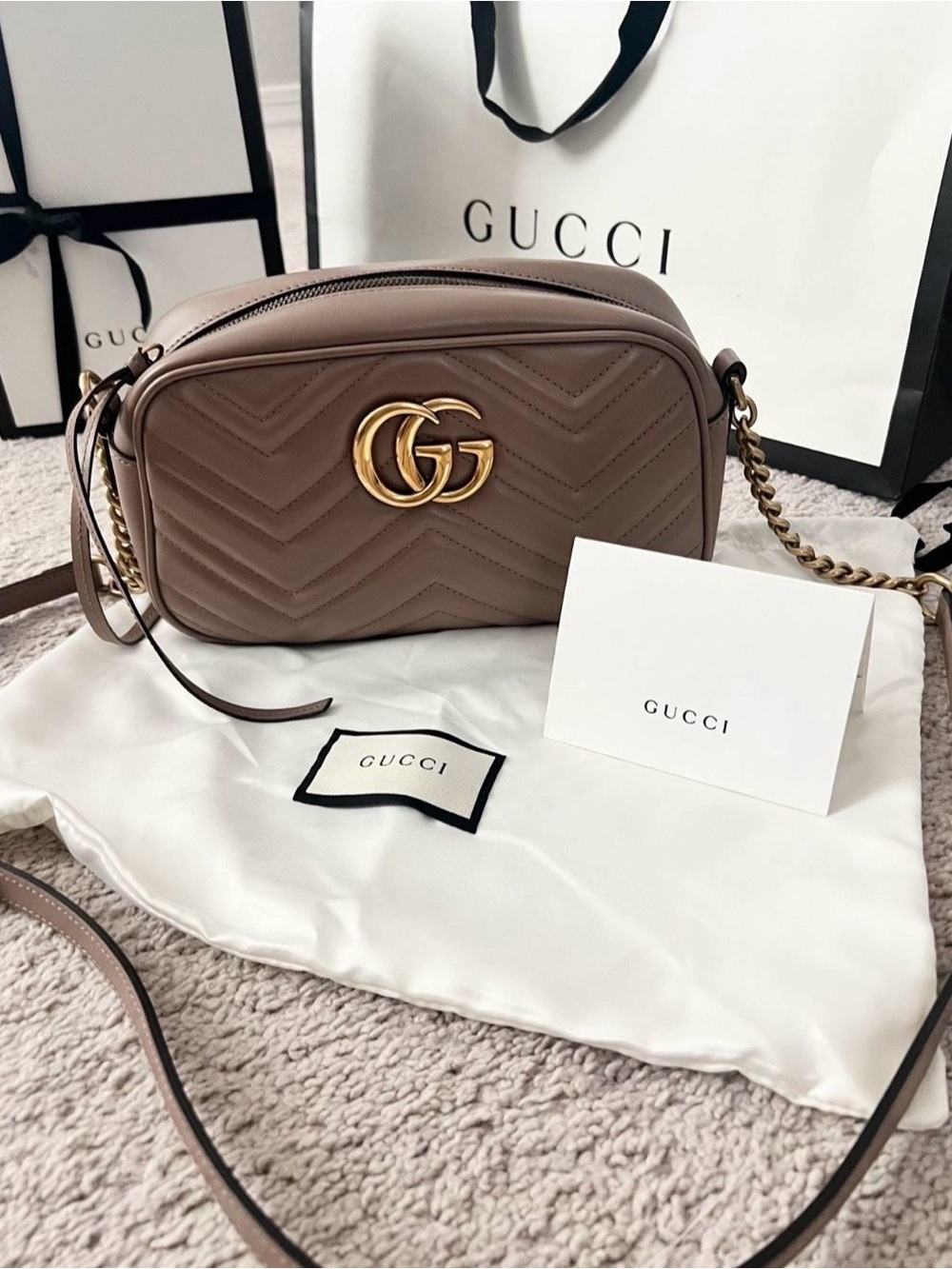 Gucci Quilted Camera Bag in Taupe with Gold GG